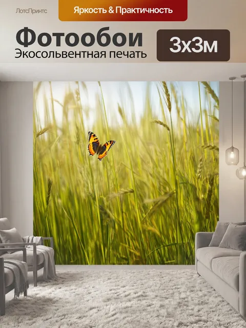 Фотообои поле высоких трав с бабочками, живущими в симбиозе с растениями, создавая радугу движений