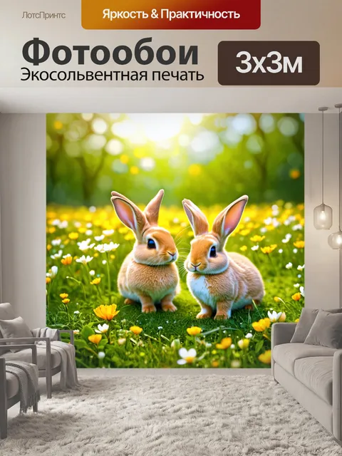Фотообои сказочные зайцы, играющие на цветущем лугу