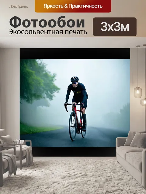 Фотообои туман в стиле двойная экспозиция, с велосипедистом, выезжающим из тумана