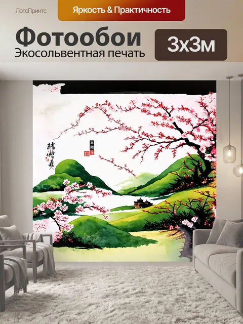 Фотообои в центре изображения — старая японская карта с ярко выраженными картинами природы