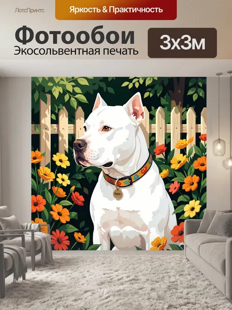 Фотообои Белый пес с цветочным ошейником