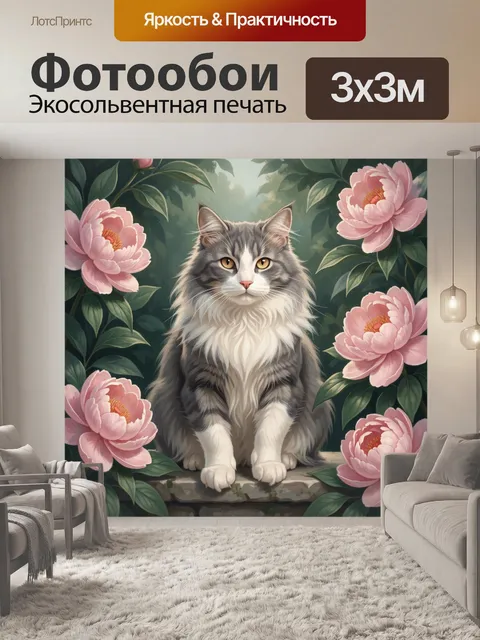 Фотообои Пушистый кот среди пионов