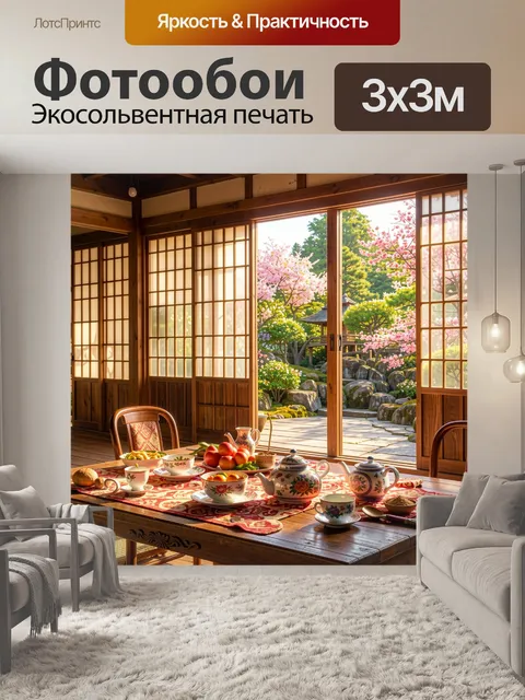 Фотообои накрытый стол, утреннее чаепитие, акварельный стиль