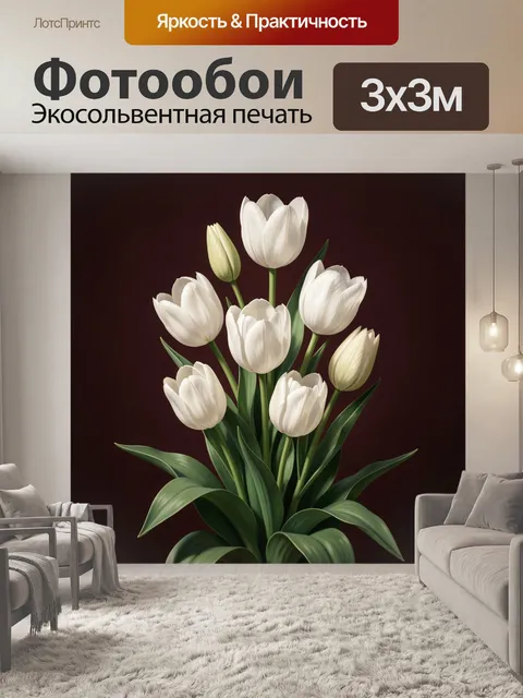 Фотообои Белые тюльпаны на темном фоне