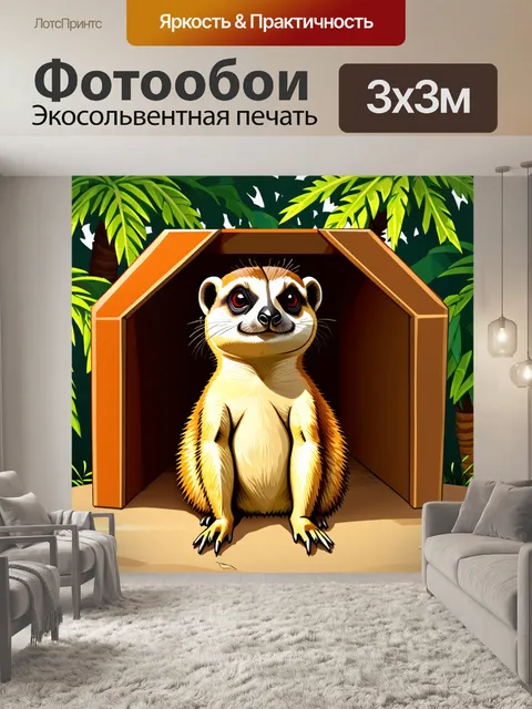 Фотообои сурикат, внимательно смотрящий на мир из своего укрытия в зоопарке, с тропическими деревьями на фоне