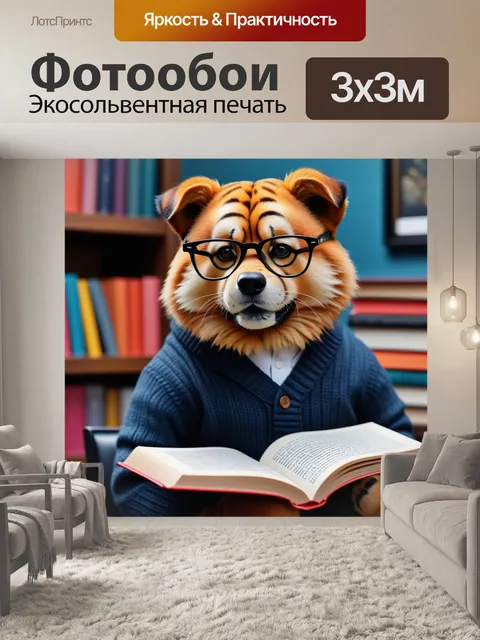 Фотообои тигр в очках с книгой в руках