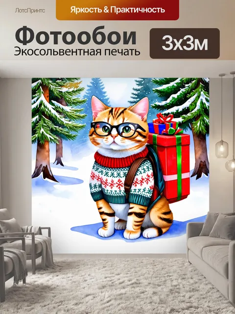 Фотообои кот в свитере с подарками и больших очках, исследующий зимний лес с рюкзаком, полным игрушек