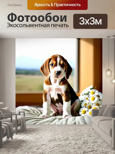 Фотообои Щенок бигля с коричнево-белым окрасом сидит на кровати с пучком белых ромашек на фоне солнечного окна с…