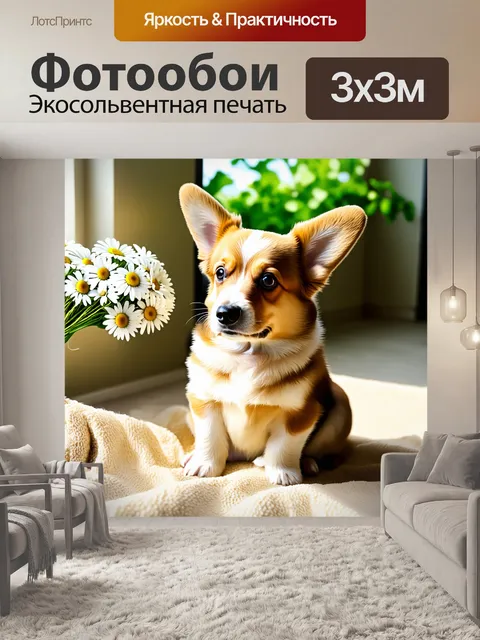 Фотообои Щенок корги, сидящий на бежевом одеяле, рядом с букетом белых ромашек, в солнечной комнате с окном, за…