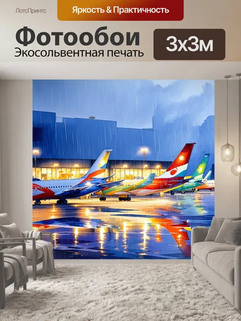 Фотообои промт: "аэропорт в час пик, с множеством разноцветных самолетов, стоящих на взлетно-посадочной полосе
