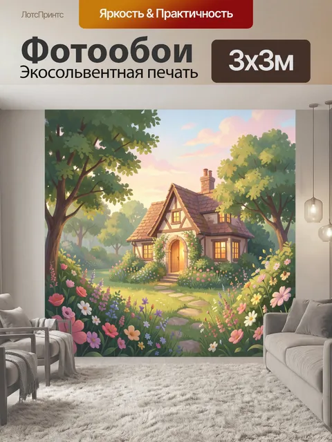 Фотообои Уютный домик в цветущем саду