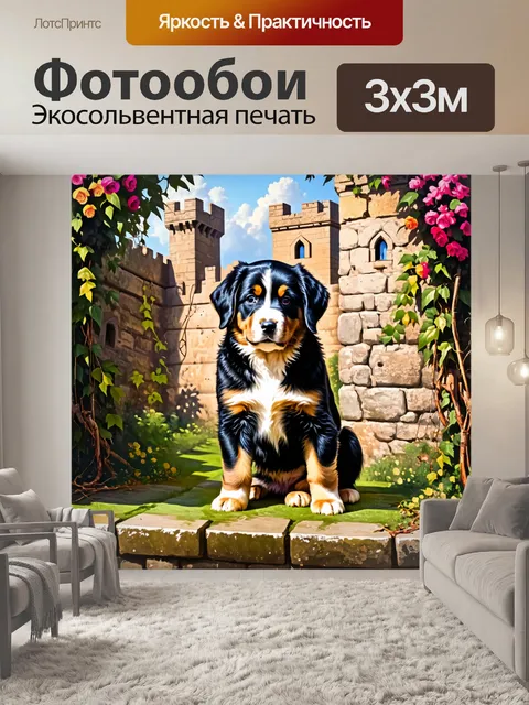 Фотообои щенок бернского зенненхунда, позирующий на фоне старого каменного замка, затянутого лозами и цветами