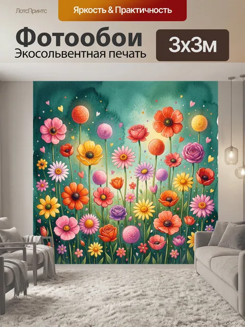 Фотообои Яркий цветочный сад с сердечками