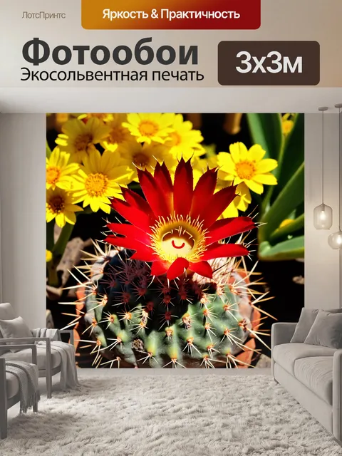 Фотообои улыбка красного кактуса с закатанными шипами на фоне желтых цветов