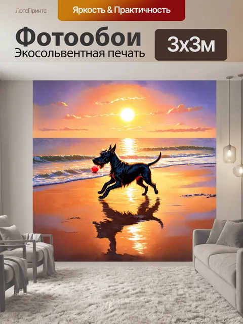 Фотообои шотландский терьер, играющий с ярким красным мячиком, бежит по золотистому песку пляжа