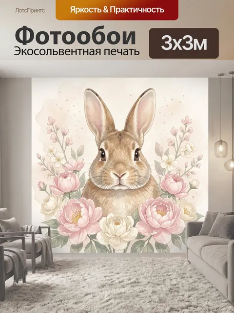 Фотообои Кролик среди розовых пионов