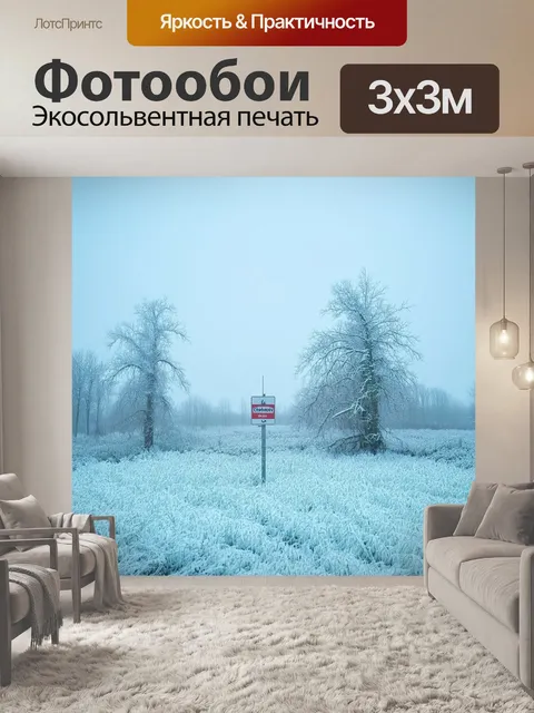 Фотообои поля чернобыля, покрытые белым снегом, знак города надежно стоит среди мертвых деревьев, окутанный туманом