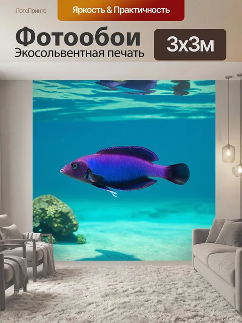 Фотообои в чистых водах океана плывет рыба с фиолетовыми и синеватыми оттенками