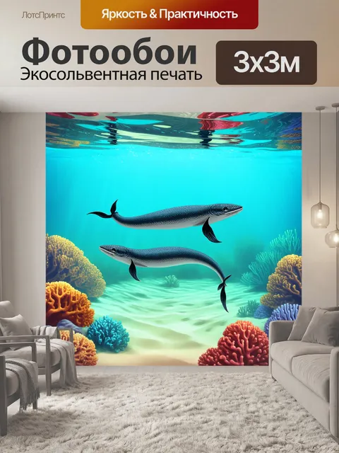 Фотообои пара мурен, излучающих грацию, плавает в тихой бухте среди разноцветных кораллов