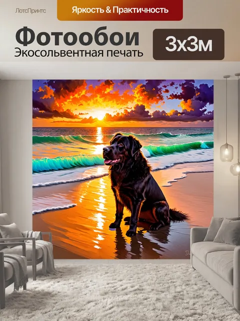 Фотообои ньюфаундленд, сидящий на берегу морского пляжа, смотрящий на закат с огненно-оранжевыми и пурпурными облаками