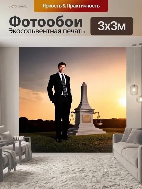 Фотообои адвокат в строгом костюме, стоящий возле памятника правосудию, с потрясающим закатом на фоне