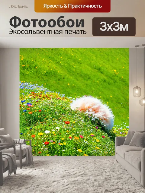 Фотообои пух, лежащий на макушке зеленого холма, контрастирует с яркими цветами весенних цветов, создавая живую…