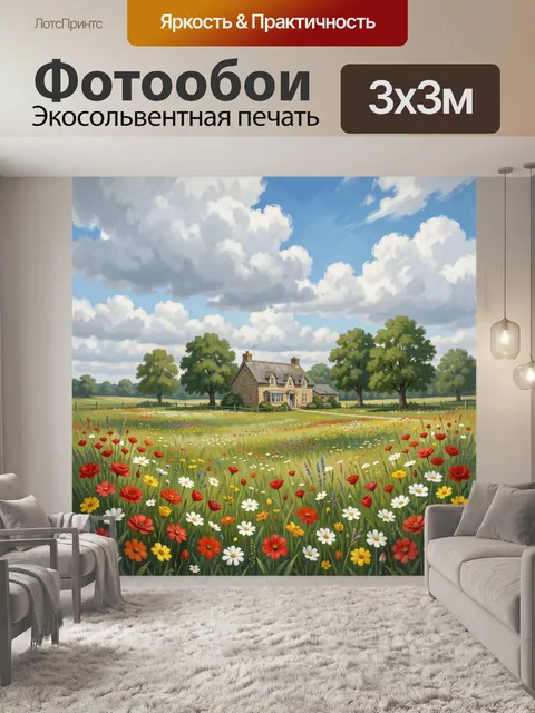 Фотообои Домик в цветущем поле
