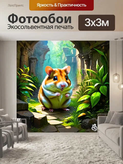 Фотообои хомяк, исследующий древний заброшенный город с зелеными растениями и тайными проходами, в стиле…