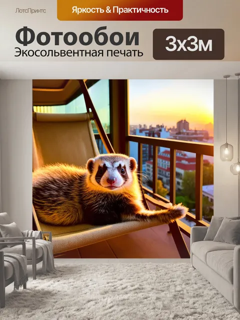 Фотообои хорек устроился на шезлонге на балконе, его пушистая шевелюра колышется на ветру