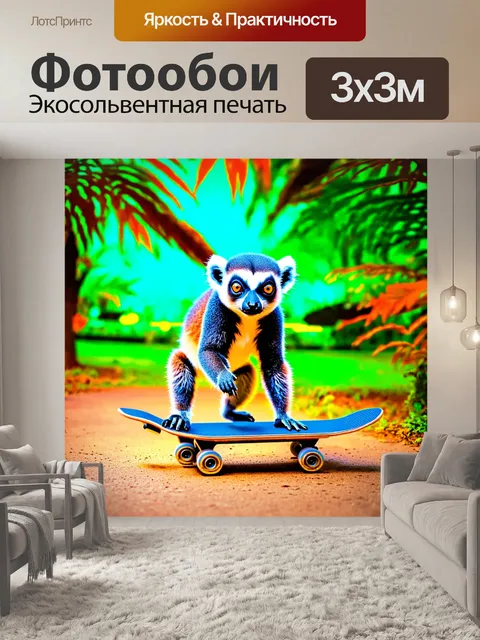 Фотообои лемур, катающийся на скейтборде в парке, с яркими фонарями и растениями вокруг