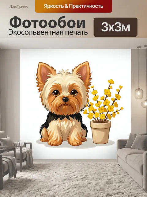 Фотообои Йоркширский терьер и жёлтые цветы
