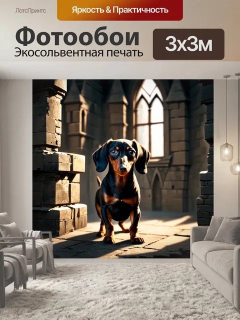 Фотообои щенок таксы стоит на фоне старинного замка
