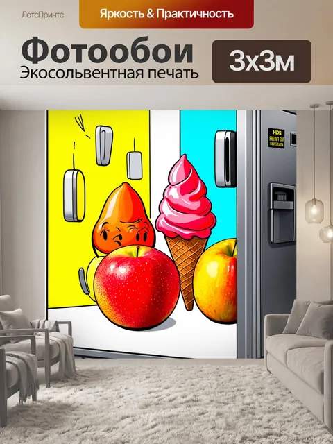 Фотообои смешная сцена с мороженым, которое "разговаривает" с фруктами, пытаясь выбраться из холодильника