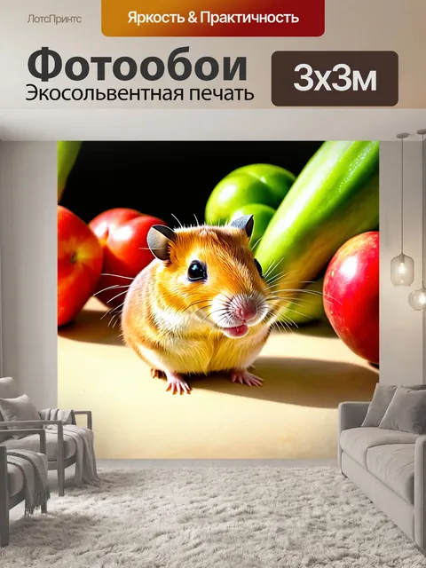 Фотообои хомяк, перекусывающий фруктами в теплых солнечных лучах, на фоне натюрморта из свежих овощей и фруктов, с…