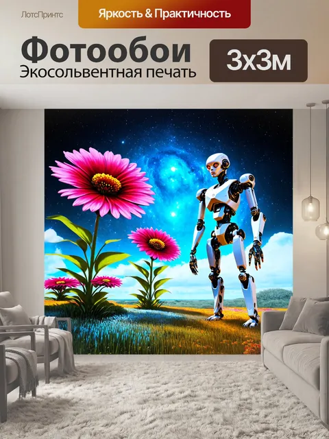 Фотообои пейзаж в стиле ретрофутуризм, где гигантские цветы растут рядом с кибернетическими существами на фоне космоса