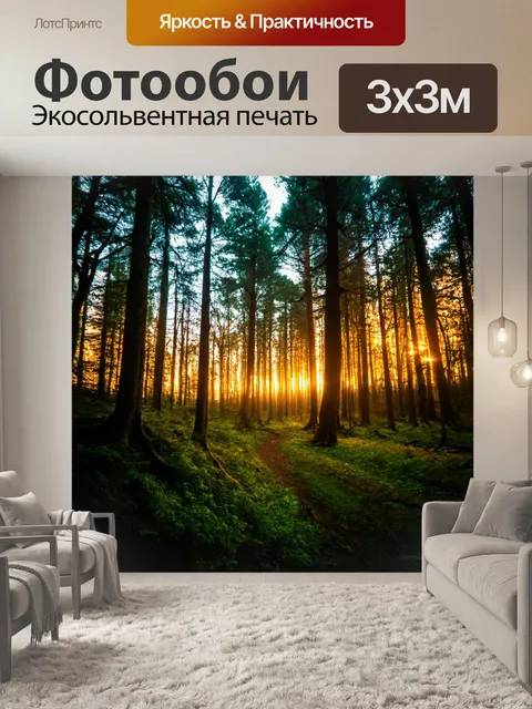 Фотообои лес с вечерними огнями и весёлой атмосферой