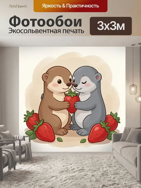 Фотообои Два милых зверька с клубникой