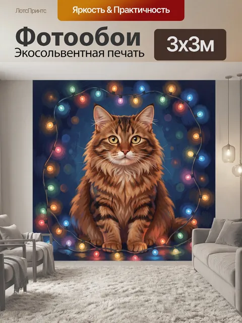Фотообои Пушистый мейн-кун среди огней