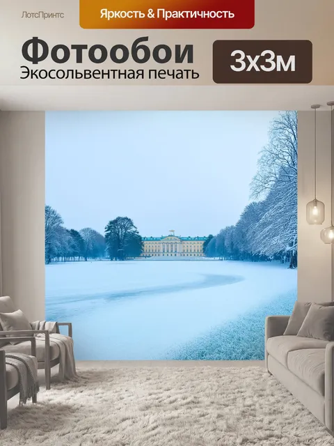 Фотообои замерзшее озеро на фоне зимнего петергофа