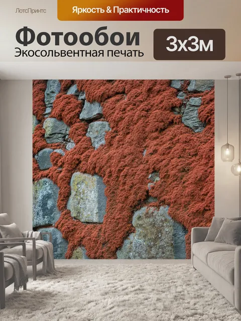 Фотообои красный мох, покрывающий старую каменную стену, отражает силу природы в процессе разрушения