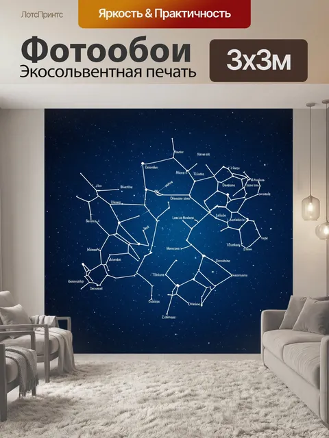 Фотообои создайте карту звездного неба с созвездиями, выгравированными на фоне темно-синего ночного неба