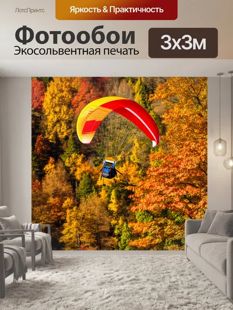 Фотообои параплан парит над осенним лесом, где листья окрашены в золотые и багряные оттенки