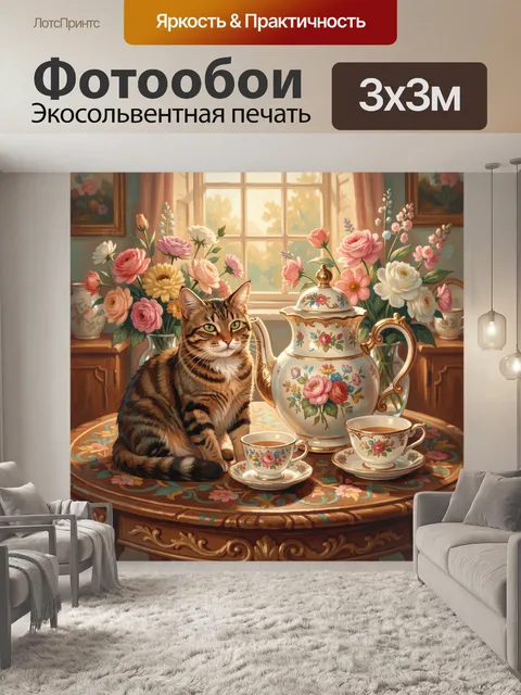 Фотообои Тигровый кот и цветочный сервиз