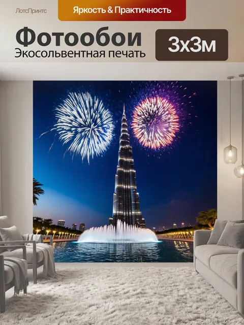 Фотообои ночная сцена с великолепным фейерверком над знаменитым небоскребом бурдж-халифа и его окружением