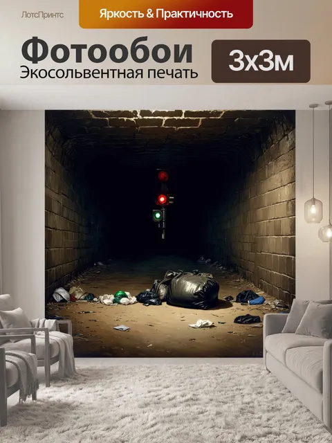 Фотообои глубокая подземка, где светофоры мерцают в темноте, создавая тревожную атмосферу