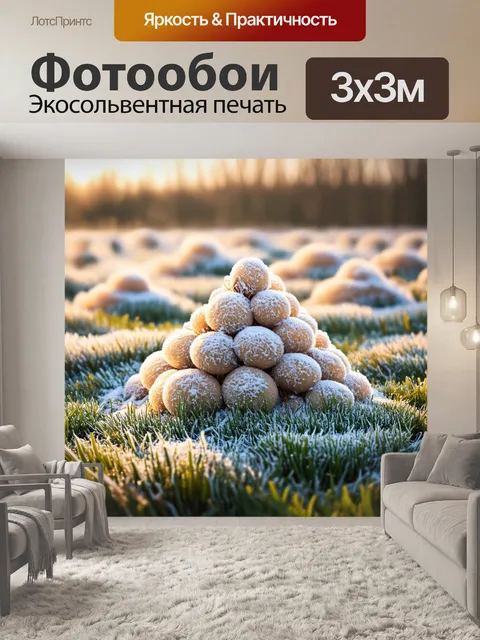 Фотообои бежево-кремовый иней на траве рано утром, освещенный рассветом