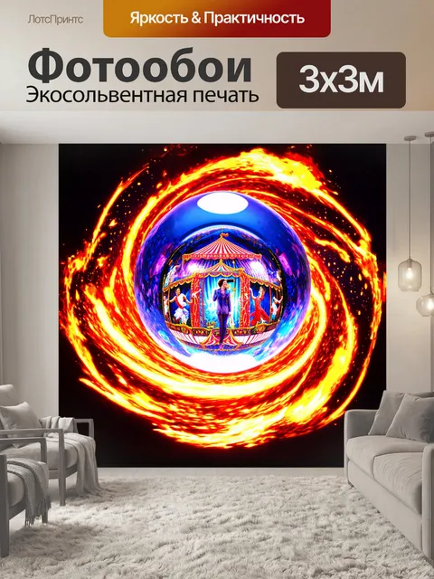 Фотообои огромный шар предсказательницы стоит в центре, окруженный запутанными узорами и огненными световыми эффектами