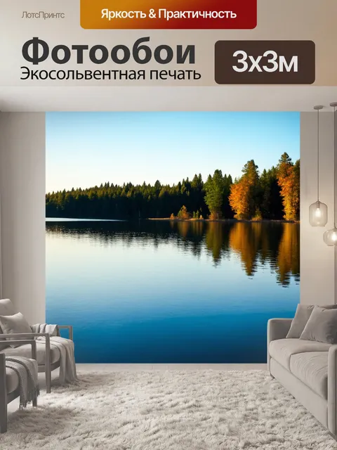 Фотообои утро, отблески утреннего света на прохладной поверхности озера, с отражением деревьев над проектом