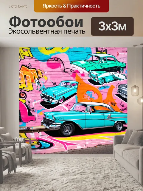Фотообои фон в стиле графити, передающий дух ретро и винтажности, с изображениями старинных автомобилей, моды и…