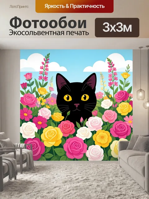 Фотообои Черный кот среди роз